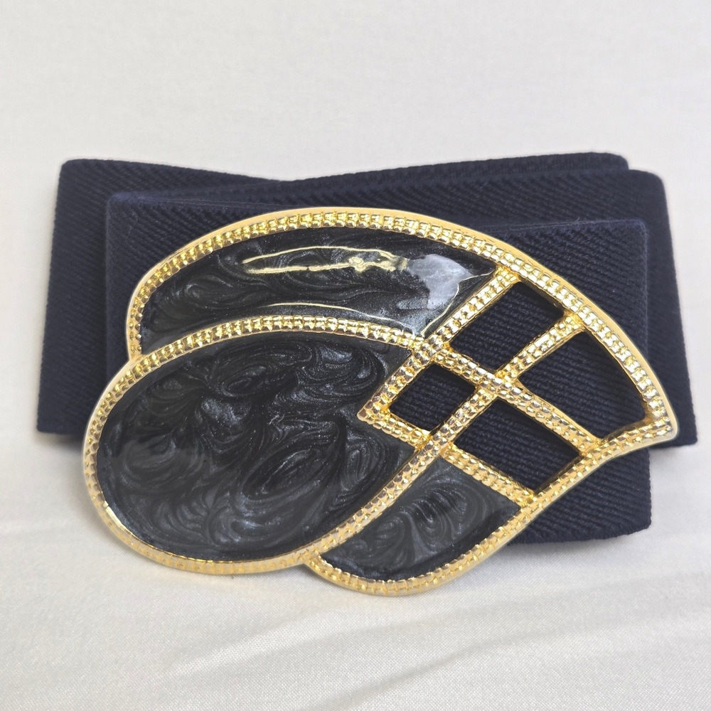 Day-Lor Stretch Dress Belt Gold Tone & Blue Enamel 2" Width 30.5" Length Vintage